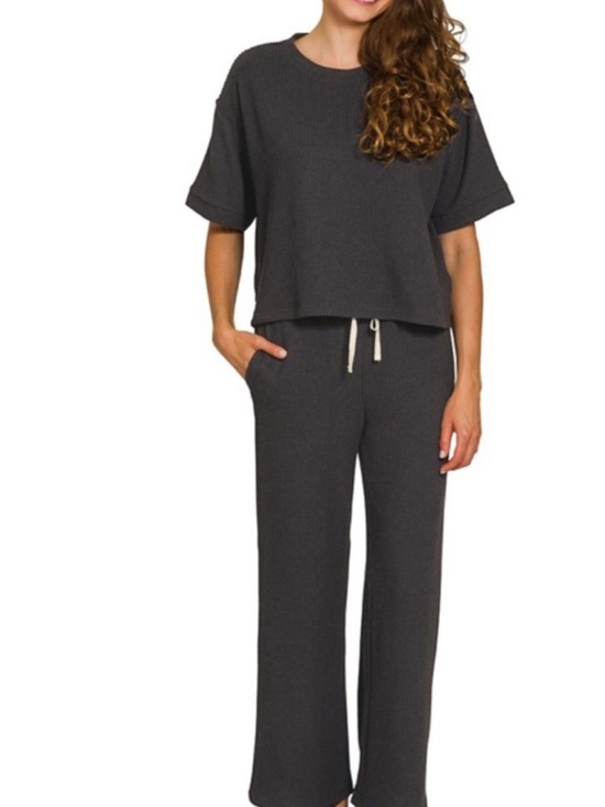 Zenana Outfitters Tops - Zenana Black Raised Ribbed Two-Piece Top Pant Set